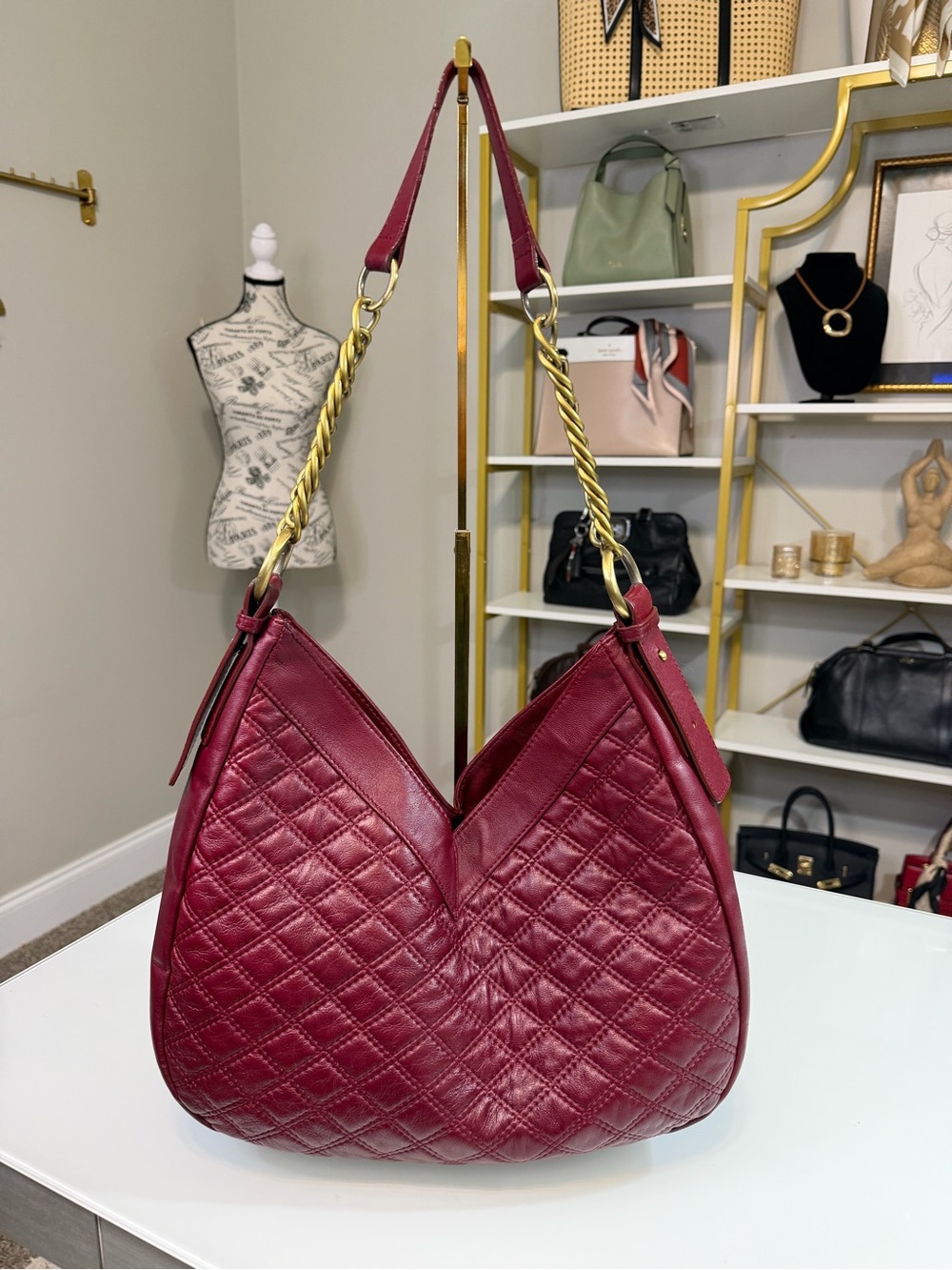 Aqua Madonna Quilted Burgundy Shoulder Bag with Antique Gold Chain Strap